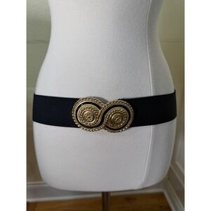 Vintage Day-Lor Stretch Belt Black Elastic Gold Tone Double Swirl Buckle Size 2